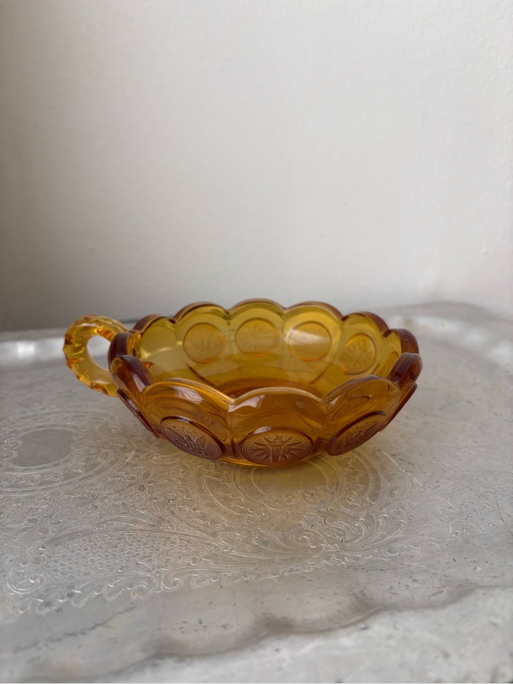 Amber Pressed Glass Console Bowl with Handle